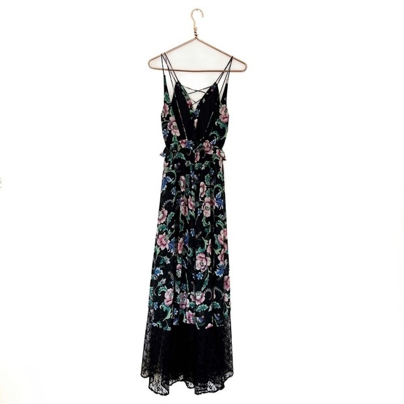 Express Womens 0 Black Floral Strappy Lace Slip Midi Dress Boho Peasant - Picture 10 of 11